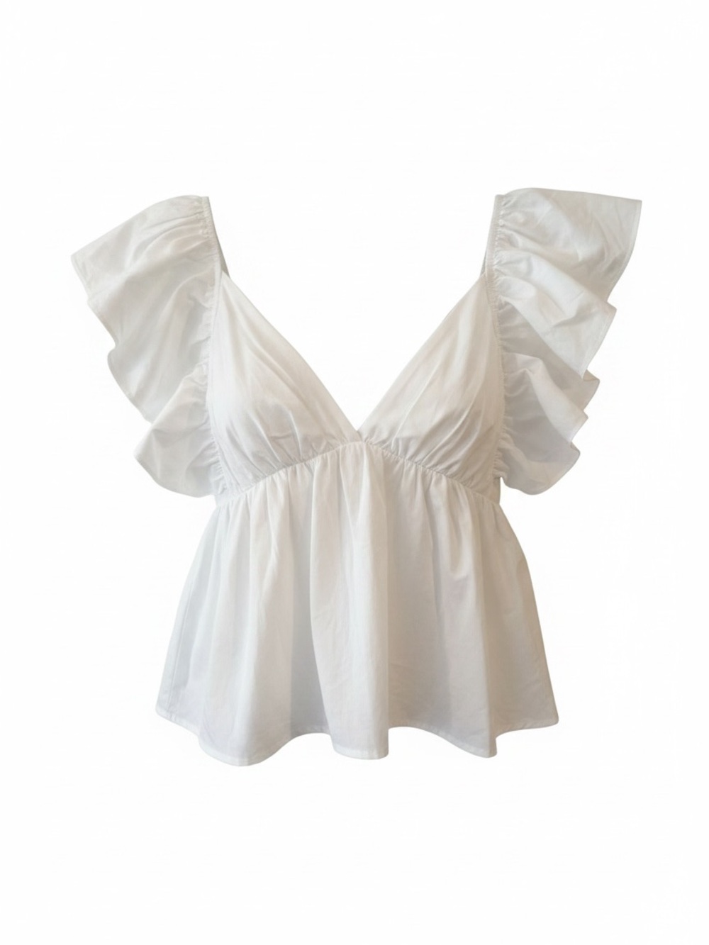 V-Neck White Ruffle Sleeve Peplum Blouse